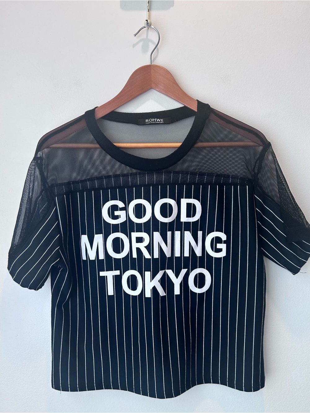 ROMWE Black Pinstripe Mesh Graphic Tee
